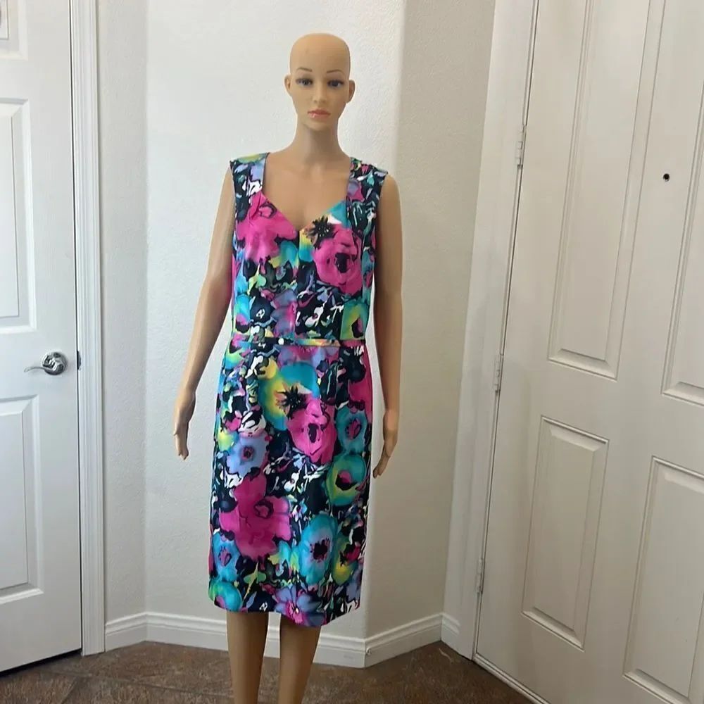 Black Label Evan Picone Dress Floral Sweetheart Neck Sleeveless Midi Pink Blue